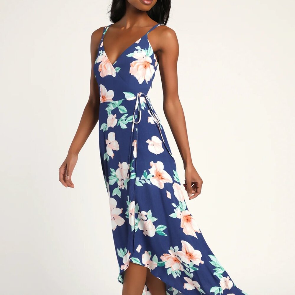 Lulus NWT Blooming Bright Blue Floral Print High-Low Wrap Midi Dress Sz XL